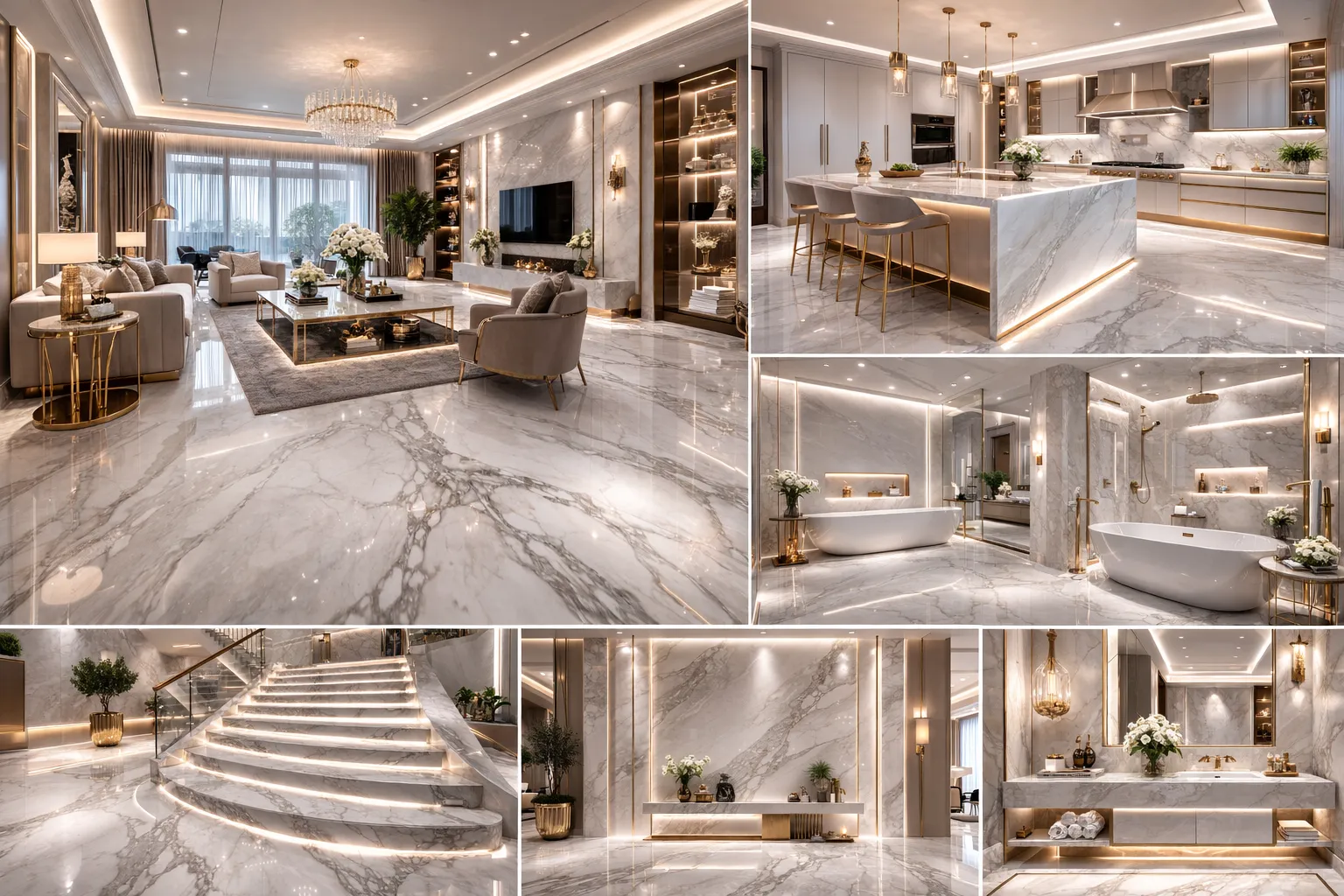 Luxury white marble living space interior design